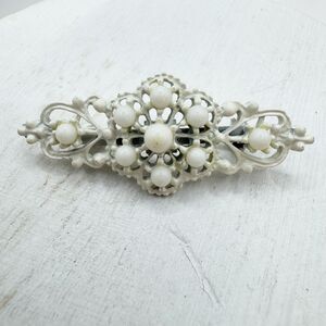 Vintage White Enamel Open Filigree Bar Brooch Pin